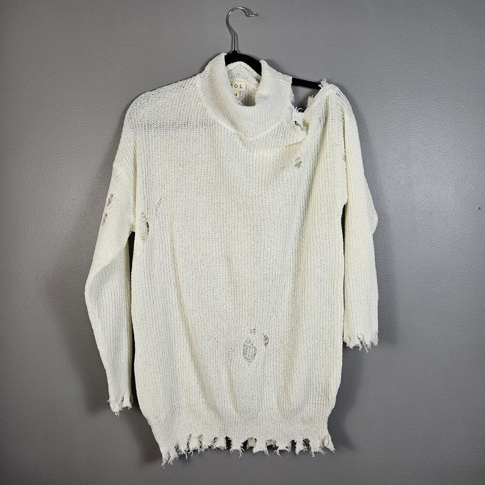 POL Womens Medium White‎ Thrashed Turtleneck Long Sleeve Sweater Open Knit